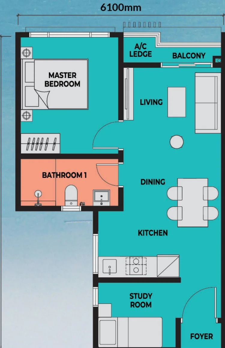 Sea Crestz Type A floor plan, 1 bedroom 1 bathroom, 506 sqft