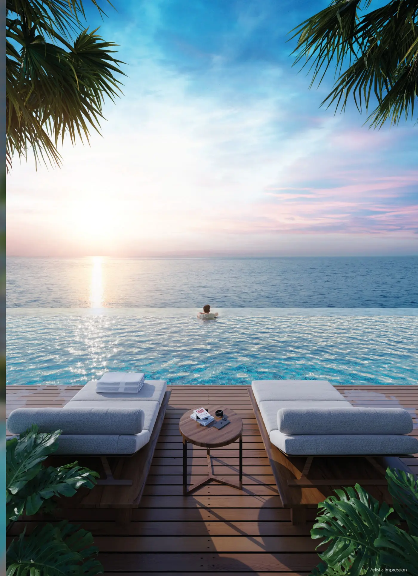 Sea Crestz infinity pool at sunset overlooking the South China Sea, Kuantan Waterfront Resort City