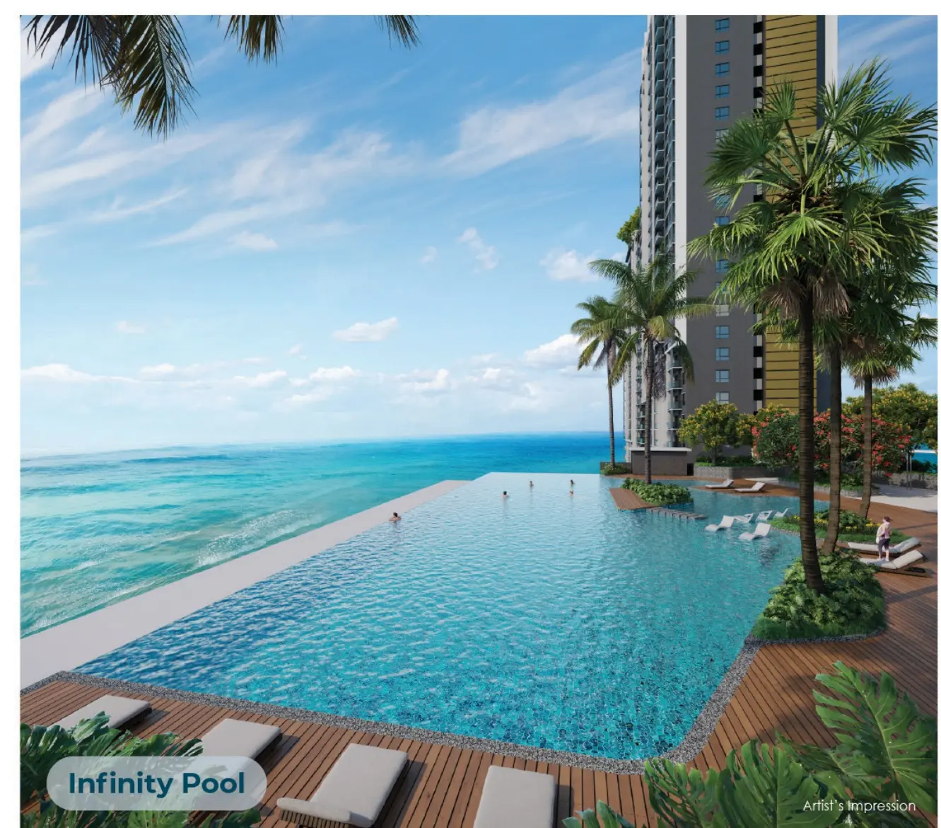 Sea Crestz infinity pool with tower and palm trees